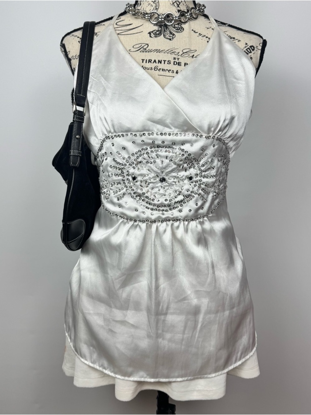 Charlotte Russe White Satin Embellished Halter Tank Top